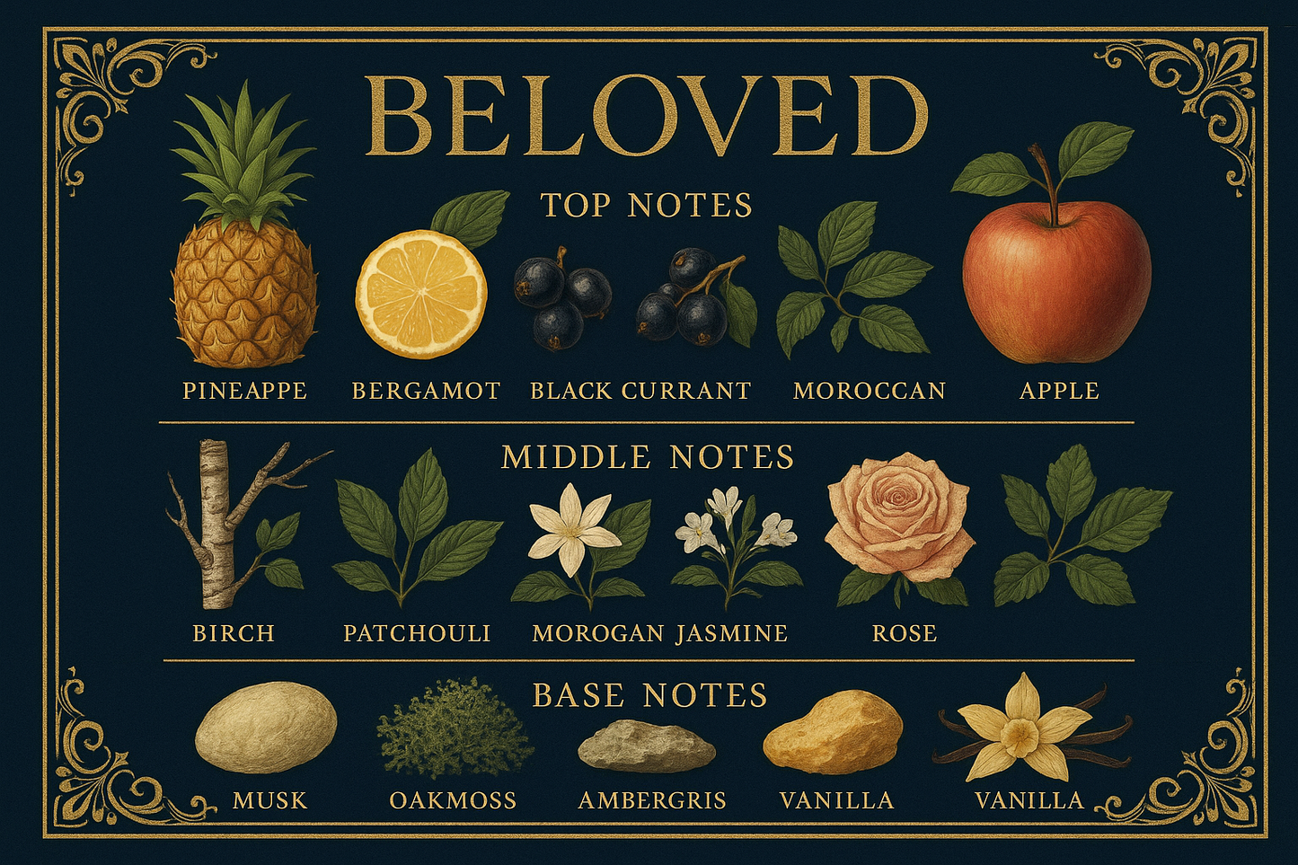 pictorial description for notes of creed aventus with names and perfume named beloved on top