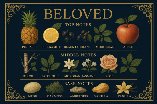 pictorial description for notes of creed aventus with names and perfume named beloved on top